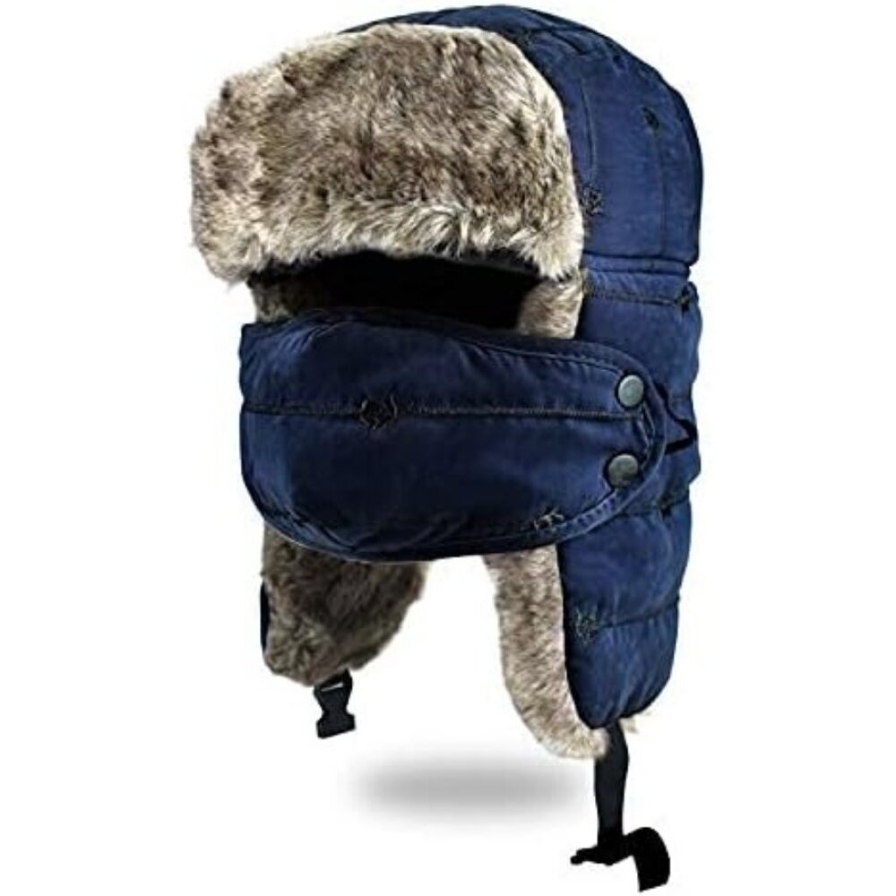 Men's Navy Blue Trapper Hat, Winter Warm Trooper Hats with Ear Flaps and Mask